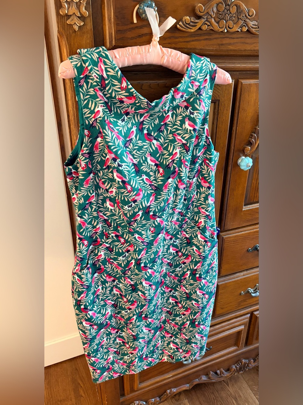 Boden Teal Sleeveless Midi Dress with Pink and White Bird Print